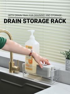 LOCAUPIN Sponge Drainer Rack Clear Sink Organizer with Drainer & 5PCS Double Sided Towel Kitchen Accessories Holder