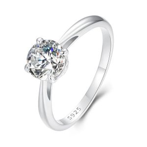 BAMOER 1.0CT Round Moissanite 18K Gold Plated Ring for Women D Color VVS1 Engagement 925 Sterling Silver Ring MSR044