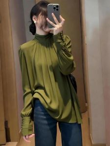 Elegant Green Standing Collar Puff Sleeve Shirt Slimming Office Wear