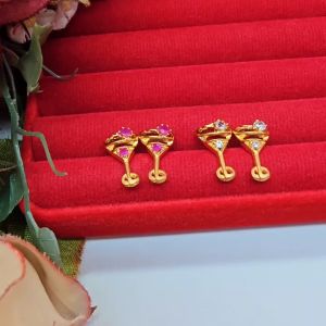 ต่างหูทองปักก้านฝังพลอย สีขาว ชมพู รูปแก้วไวน์ ขนาด 0.8x1.5 ซม.ใส่ออกงานได้ ชุบทอง ต่างหูแฟชั่น ดีไซน์สวย ต่างหูพลอย