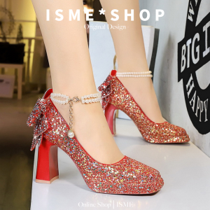 Wedding Shoes for Short Women Waterproof Platform High Heels Red Bow Tie Diamond Decorated Female Fashion Single Shoes
