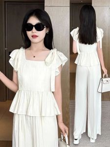 Bộ Đồ Hai Mảnh Thời Trang Mùa Hè Mới Cho Nữ Quần Ống Rộng Áo Chui Đầu Tay Ngắn Cổ Tròn Thoải Mái Che Bụng