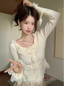 สไตล์ฝรั่งเศส หวาน และปลอกบานเผ็ด เสื้อสเวตเตอร์ถัก ผู้หญิง พรางหุ่น ลูกไม้ ใส่ เรียบหรู ด้านบน ฤดูใบไม้ผลิ ฤดูใบไม้ร่วง สินค้าใหม่