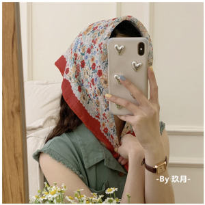 K-style Floral Spring Romantic Pastoral Japanese Style Young Adult Cotton and Linen Small Square Towel Ins Tie Hair Band Ins Headscarf Scarf
