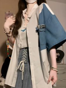 Fashionable Collared Short Sleeve Loose Womens Shirt Spring Autumn Winter New Style Small Size Outerwear Color Block Jacket