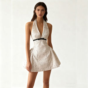 Retro Polka Dot Halter Neck Dress Slim Waist Design