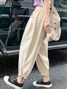 กางเกงทรงหลวมสไตล์ฮาราจูกุสำหรับผู้หญิง กางเกงขายาวทรงกระบอกบาง ทรงฤดูร้อน ทรงเอวสูง ทรงขากระบอก ทรงเอวสูง ทรงเอวกลาง