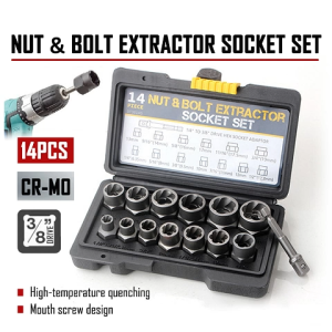 14 Pieces Impact Bolt & Nut Remover Set Cr-Mo Steel Bolt Extractor Tool Set with Solid Storage Case for Industrial Drop Shipping