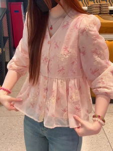 Korean Style Sweet Floral Loose Womens Shirt Spring Autumn Bubble Sleeve Doll Top Comfortable Breathable Casual Blouse