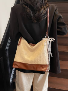 Color Block Texture Large Capacity Single Shoulder Tote Bag Spring Summer Trendy Beach Bag 2025 New Fashion Versatile Straw Woven Bag