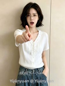 French Vintage Ruffled Short Sleeve Slimming Blouse