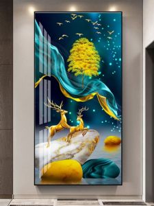 Modern LED Light Crystal Porcelain Living Room Decorative Painting Entrance Hall Wall Art Wealth Attracting Luxury Minimalist