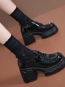 Cross สายคล้อง แพลตฟอร์มส้นหนา ผู้หญิง รองเท้า ทันสมัย หนังหมูเรียงราย Cowhide รองเท้าส้นสูงสบาย Slip-On ปั๊มนิ้วเท้ารอบ