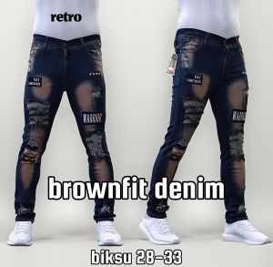 Celana Jeans Sobek Pria Panjang Emblem Stretch Melar Denim Tebal Slimfit Skinny Size 28-33