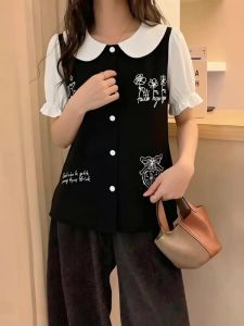 AIYITI | Doll Collar Short Sleeve Stylish Embroidered Plus Size Shirt