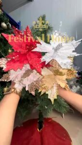 NUVOX Christmas Tree Ornament Flowers 9.8*7.9in Artifical Xmas Ornaments Decor For Home Wedding Birthday Party Gift Flannel Iron Glitter Flower (Gold Sliver Rad and Champagne)