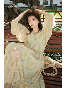 Summer Plum Blossom Long Sleeve Womens Dress Natural Waist H-Shape Skirt Floral Print Commute Style Polyester Fiber Thin Model