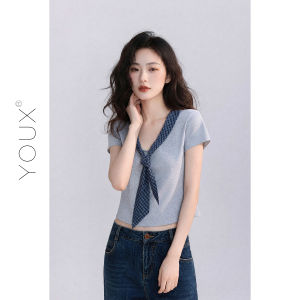YOUXIANG | Áo Thun Hè Cổ V Ô Vuông Kiểm Duyệt Tay Ngắn