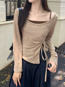 เสื้อยืดแขนยาวผู้หญิง เสื้อชั้นในถัก เอวเข้ารูป ผ้าฝ้ายผสม ทรงเข้ารูป แขนยาว คอตั้ง เสื้อผ้าทำงานสไตล์เกาหลี