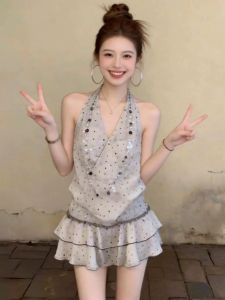 QINWEIYU | Đầm Ngắn In Đốm Ống Tay Suông