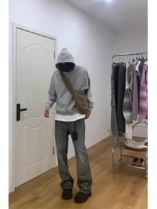 Retro Blue Cleanfit Mens Jeans American High Street Vibe Loose Straight Leg Bell Bottoms Trendy Autumn Brand Youth Polyester Fiber