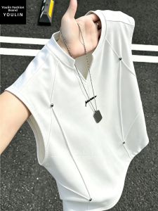 YOULIN | V-Neck Rivet Decorative Deconstructed Style American Trendy Mens Sleeveless T-Shirt