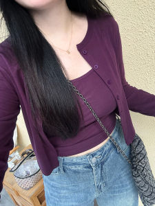 NINI ONE plus Size Long Sleeve Top Grape Purple Two-Piece Set Slimming Effect Casual Wear U-Neck Short Length T-Shirt