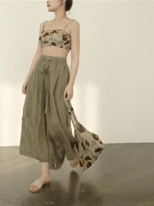 Fashionable Cotton Linen Tube Top Base Layer Vest Original Design Short Length Plant Floral Print Elasticated Waist Vest for Women