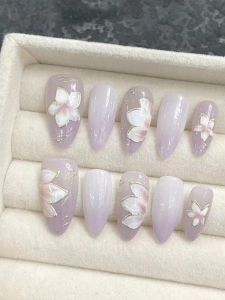Zijingling Ice Flower Handmade Wear Nail Ice Transparent White Manicure Purple Almond Nail Patch 2024 New Arrival