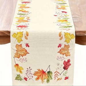 1 Piece of Autumn Watercolor Leaf Table Runner Colorful Fallen Leaves with Beige Base Suitable for Restaurant Home Picnic Cafe Literary Party.