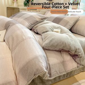 BEIPIN | Cotton & Milk Velvet Quilted Bedding Set Brushed Coral Fleece