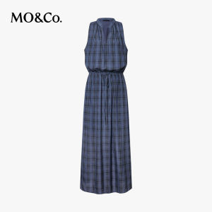 MO&Co. | Summer Lightweight Silk Cotton Blue and Black Check V-Neck High Waist Long Dress