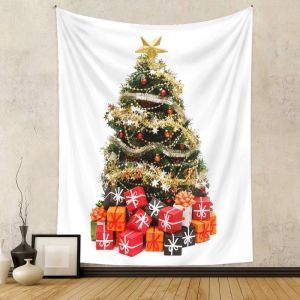 Tấm Thảm Treo Tường Cây Thông Noel Màu Trắng VIKAMA Với Đồ Trang Trí Màu Đỏ Quả Cầu Thông Xanh Nơ Hình Sao - Trang Trí Lễ Hội Tối Giản Chất Liệu Polyester Mềm Mại