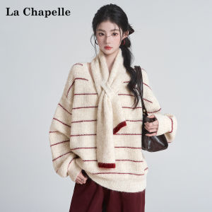 La Chapelle | V-Neck Soft Knit Sweater with Scarf Striped Contrast