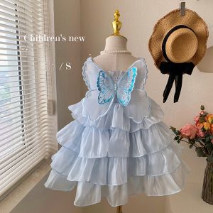 Fashionable Princess Dress for Girls with Butterfly Wings Summer Midi Dress with Short Sleeves and Mid-waist Zipper