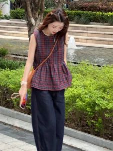 YUFUQING | French Vintage Plaid Sleeveless Shirt Women Summer New Design Casual Elegant Top High Waist Commute Style Round Neck Polyester Fiber