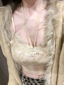 Womens Hollow out Lace Trim Halter Neck Vest with Chest Pad Design Fur Inner Wear Base Top for Autumn Winter