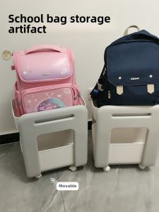 Mobile Bookbag Storage Rack Sliding Wheel Small Cart Home Use Childrens Backpack Organizer Plastic Material Ground Mounted