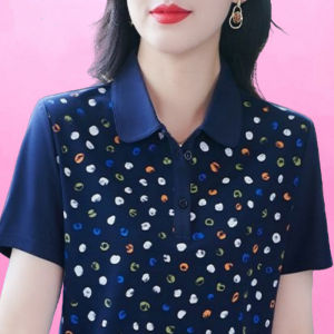 QIAOXIZI | Summer Loose Fit T-shirt for Women with Print and Turn-down Collar