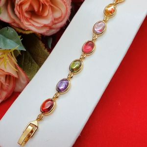 สร้อยข้อมือทองฝังพลอยนพเก้า ความยาว 7 นิ้ว ตะขอคลิปล็อค ใช้ได้ทุกโอกาส ใส่อาบน้ำได้ ทำจากทองเหลือง เคลือบทองคุณภาพสูง