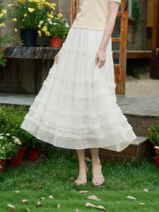 XIANGYING | Summer Wooden Edge High Waist A-Line Lace Skirt