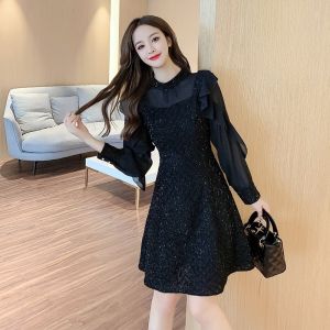 Black A-Line Dress Hepburn Style Slimming Waist Long Sleeve Mesh Base Layer Autumn New Arrival Womens Korean Style round Neck Zipper Short Dress