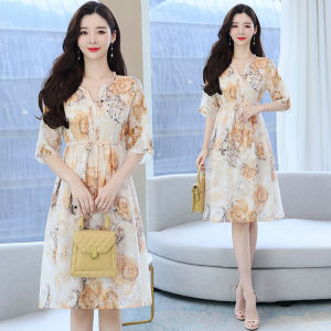 Impression Fashion Store Women Elegant Loose Chiffon Print Ruffle V-neck Half Sleeve High Waist Lace-up A-line Midi Dress