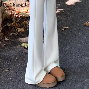 กางเกงขายาวทรงหลวมผ้าถักนิตติ้งคอตตอนผสมขนแกะสำหรับผู้หญิง La Chapelle กางเกงขายาวทรงหลวมเอวสูงฤดูใบไม้ร่วง/ฤดูหนาว