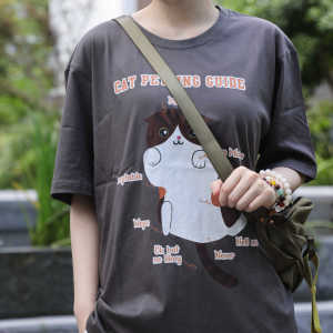 Liximao Original Cat Print Cotton T-Shirt Couple Loose Short Sleeve round Neck Summer Casual Thin Cartoon Animal Pattern