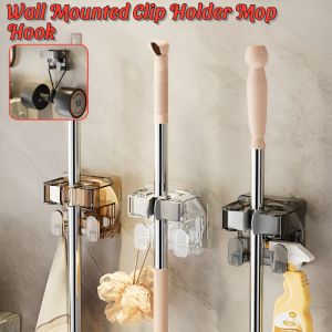 Wall Mounted Clip Holder Mop Hook Punch-Free Broom Hook Multi-Purpose Bathroom Storage Rack