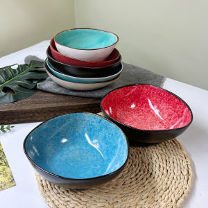 Home Use Ceramic Bowl Ice Crack Glaze Salad Bowl Restaurant Dining Utensils Off-Center Aesthetic Value High Gradual Pattern