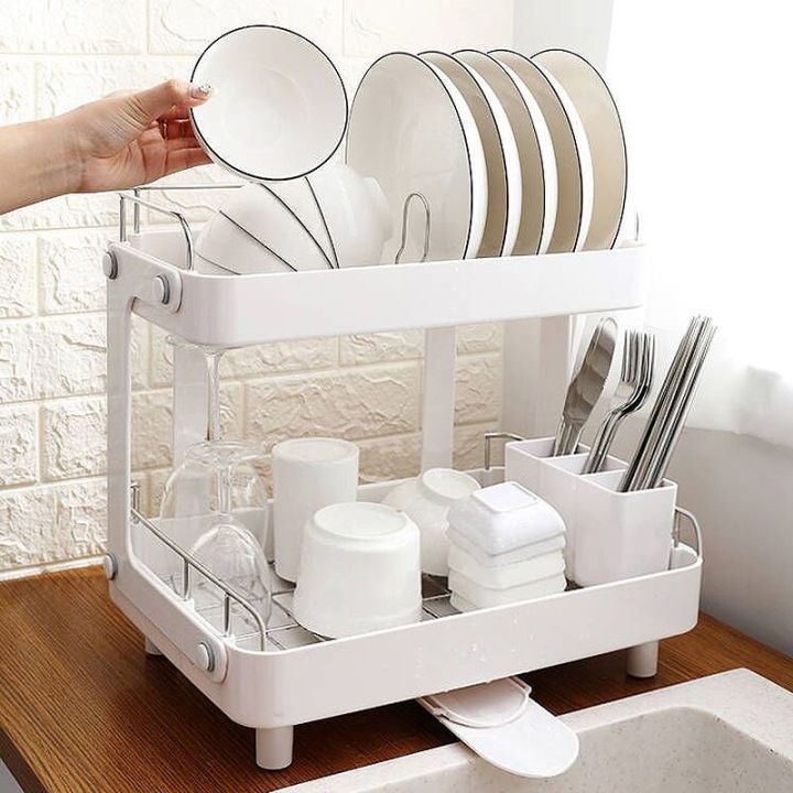 Double Layer Dish Rack With Drainer With Telescopic Arm Drain Above The