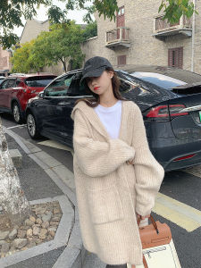 Loose Knitted Mid-Length Hoodie Jacket Womens Autumn Winter New Style Big Pocket Open Cardigan Top Casual Comfortable Sweatshirt Coat