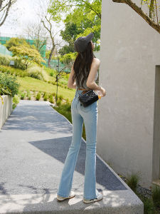 High Waist Bell Bottom Denim Jeans Womens Slim Fit Long Trousers Cotton Elastic Fabric Light Blue Washed Commute Style